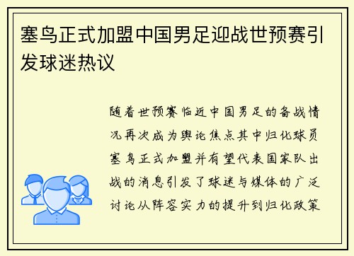 塞鸟正式加盟中国男足迎战世预赛引发球迷热议