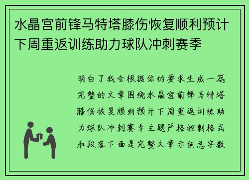 水晶宫前锋马特塔膝伤恢复顺利预计下周重返训练助力球队冲刺赛季